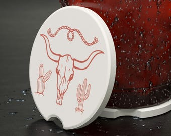 Posavasos de esteatita para coche, estilo salvaje oeste, con estampado de cactus longhorn del desierto, cuerda vaquera y estilo bohemio del suroeste.