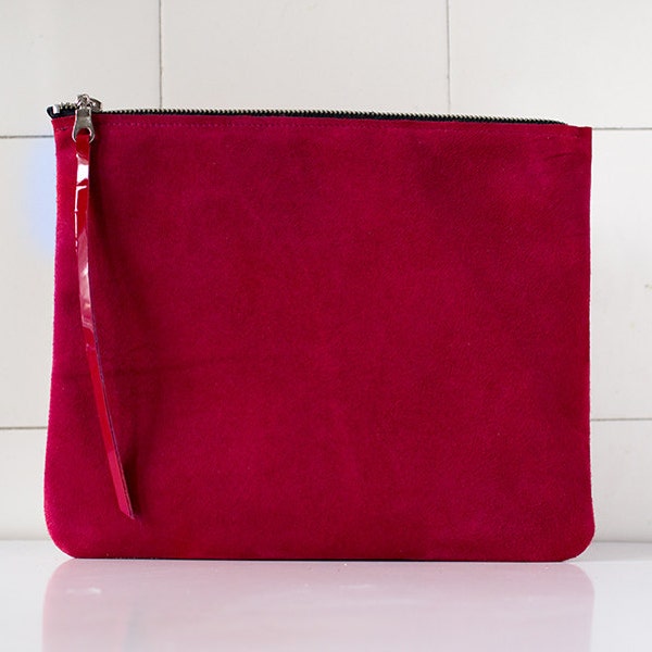 RED suede Leather  Clutch 10 inch, purse, every day clutch