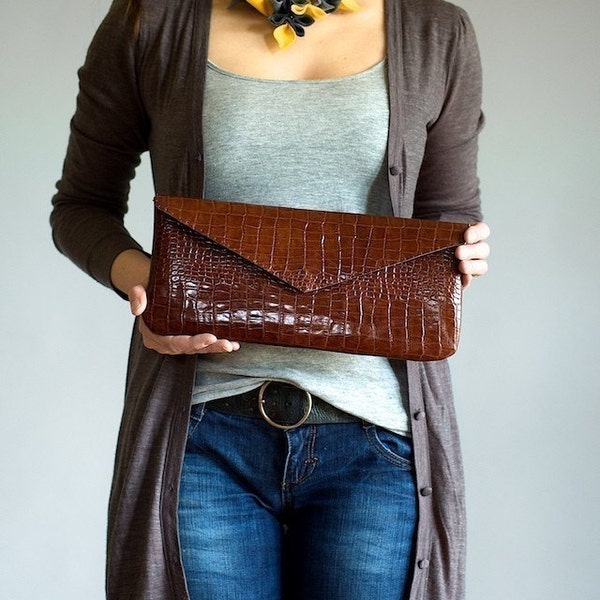 Brown Leather Oversized Envelope Clutch XL