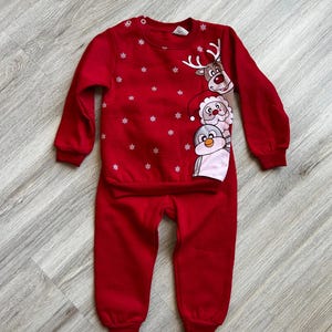 Holiday Baby Outfit - Red Christmas Sweatshirt and Pants Set with Santa, Reindeer, and Penguin - Sizes 9M, 12M, 18M, 24M