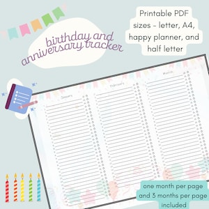 Birthday tracker / anniversary tracker / celebration tracker / perpetual calendar. Printable PDF. Multiple sizes. Party theme