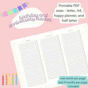 Birthday tracker / anniversary tracker / celebration tracker / perpetual calendar. Printable PDF. Multiple sizes. Birthday candles theme