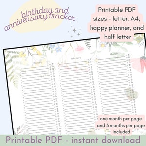 Birthday tracker / anniversary tracker / celebration tracker / perpetual calendar. Printable PDF. Multiple sizes. Calm garden theme