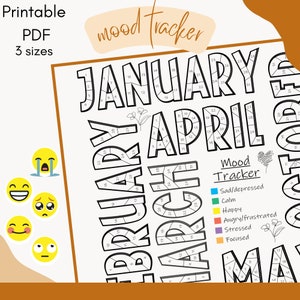 Mood tracker, mental health tracker, coloring sheet habit tracker. Printable PDF in three sizes. Daily mood log.