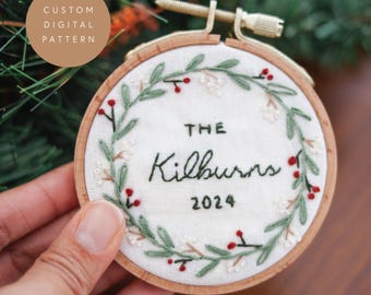 Personalized Wreath Christmas Ornament Hand Embroidery Pattern (Digital PDF)