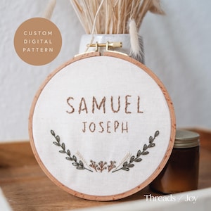 Baby Name Embroidery PDF Pattern, DIY Modern Hand Embroidery, Custom Botanical Embroidery Pattern, Personalized Embroidery, Learn Embroidery