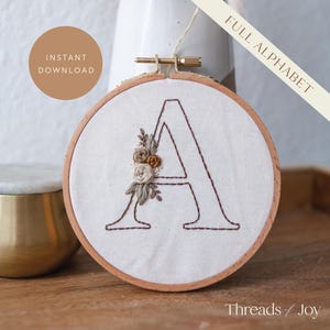 Modern Alphabet Floral Monogram Embroidery Pattern, Embroidered Initial DIY Hoop Art, Downloadable Embroidery Pattern PDF, Beginner Friendly