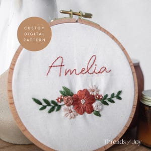 Floral Name Embroidery Pattern: DIY Beginner PDF (6, 7, 8 inch)