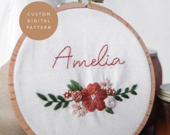 Floral Name Embroidery Pattern: DIY Beginner PDF (6, 7, 8 inch)