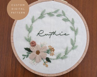 Custom Wildflower Name Embroidery Pattern: DIY Floral Wreath (PDF Pattern)