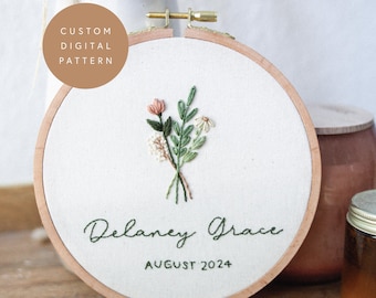 Wildflower Hand Embroidery Pattern: DIY Custom Baby Name (Digital PDF)