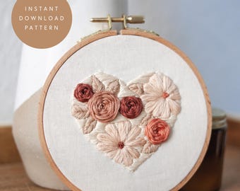 Floral Heart Embroidery Pattern: Modern Flower Stitch Guide (PDF Digital Download)