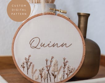 Custom Wildflower Name Embroidery Pattern, DIY Floral Baby Gift (PDF Pattern)