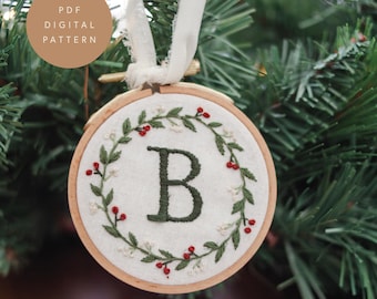 Monogram Wreath Christmas Ornament Hand Embroidery PDF Pattern