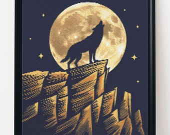 May include: A black wolf silhouette howling at a full moon against a dark blue background. The wolf stands on a rocky cliff with a detailed, textured design. The moon is a bright yellow colour with a subtle, textured surface.