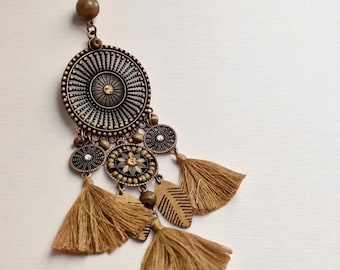 Boho Statement Necklace: Vintage Copper Pendant, Wooden & Tassel Details