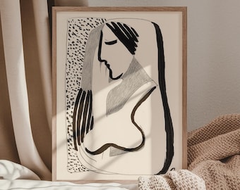 Modern Lady Portrait | Black and White Drawing Print | Minimal Wall Art | Matisse