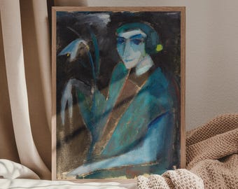 Vintage Portrait of a Lady with Lily | Blue Painting Print | Antique Oil Painting Wall Art