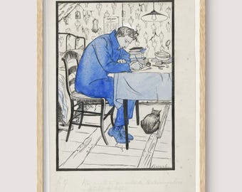 The Writer Print: Pencil Line Art with Blue Accent