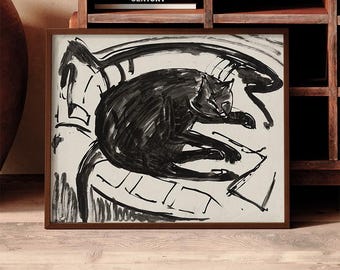 Lying Cat Drawing | Minimal Black & White Cat Print | Modern Wall Art