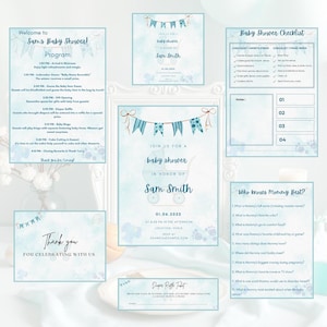 Puede incluir: Un conjunto de papelería para baby shower en tonos azules y blancos. El conjunto incluye invitaciones, un programa, una lista de verificación y un juego. Las invitaciones presentan un gráfico de cochecito de bebé y el texto "Únase a nosotros para un baby shower en honor a Sam Smith."