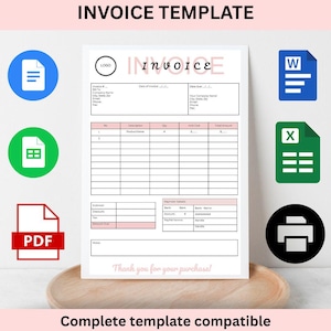 May include: A fully editable invoice template with a pink header and footer. The template includes fields for company information, invoice details, and payment information. The text "Thank you for your purchase!" is at the bottom. Compatible with MS Word, Excel, Google Docs, and Google Sheets.