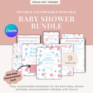Könnte beinhalten: Ein Babyparty-Bundle mit neun anpassbaren Vorlagen. Die Vorlagen umfassen Babyparty-Spiele, Event-Checklisten und Babyankündigungskarten. Das Design zeigt rosa und blaue Punkte und ist mit Canva bearbeitbar.