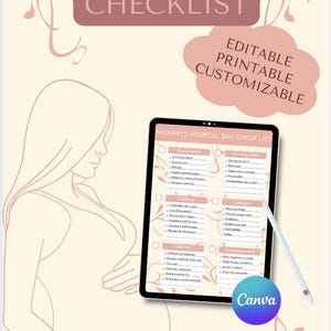 Pregnancy Hospital Bag Checklist for Labor and Delivery Printable Download Editable Customizable Template Canva Design Birth Plan Planner
