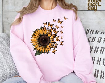 Sunflower and Butterflies Sweatshirt, Cute Sunflower Sweater, Sunflower Hoodie Gift for Women, Floral Sweatshirt, Mother’s Day Gift Idea