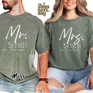 Mr Mrs Est. Personalized Name & Date T-shirt, Comfort Colors Shirts, Honeymoon Shirt, New Wife Tee, Custom Couple Gifts, Just Married Tshirt