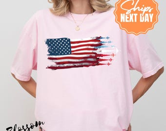 Comfort Color Jet Fighter Shirt, Patriotic Air Show Tee, 4th of July USA Flag Shirt, American Freedom T-Shirt, Vintage Military Jet Top
