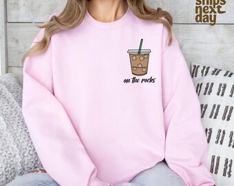 On The Rocks Coffee Sweatshirt, Embroidered Iced Coffee Crewneck, Coffee Lover Gift, Latte Lover Pullover, Aesthetic Fall Coffee Shirt