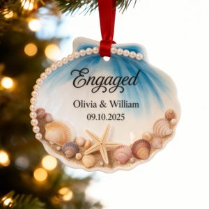 Engaged Ornament 2025, Beach Seashell Engagement Ornament, Personalized Couple Gift, Ocean Theme Engagement Keepsake, Wedding Decor