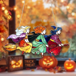 Flying Witch Trio Suncatcher – Faux Stained Glass Halloween Window Hanging, Broomstick Witch Decor, Spooky Magical Home Accent