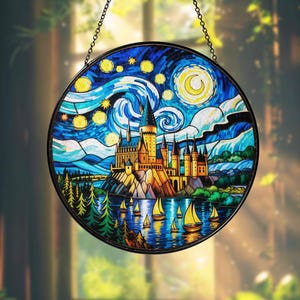 Wizard School Stained Glass Suncatcher, Enchanted Castle Window Hanging, Decor for Book Lovers, Fantasy Gift, Magical Holiday Decoration