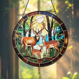 Deer Family Faux Stained Glass Suncatcher, Wildlife Window Hanging, Nature Lover’s Decor, Thoughtful Mother’s Day Gift for Wildlife Lovers