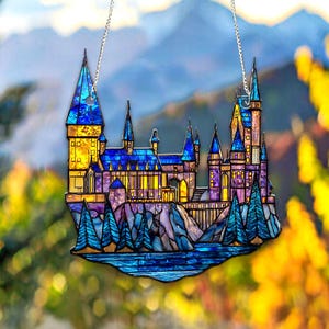 Enchanted Castle Suncatcher – Faux Stained Glass Acrylic Window Hanging, Magical Fantasy Decor, Wizard Gift for Book Lovers