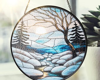 手作りステンドグラスの冬景色サンキャッチャー：雪景色の装飾 - Etsy 日本