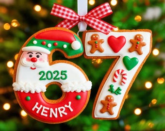 Custom Six Seven Christmas Number Ornament 2025, Personalized 6 7 Teen Slang Ornament with Santa & Gingerbread
