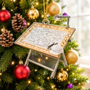 May include: A miniature drafting table ornament featuring a wooden frame, a detailed architectural blueprint, a small white hard hat, and two pencils. The table is illuminated by a small silver desk lamp and a string of warm LED lights along the edge.