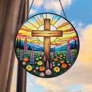 Stained Glass Cross Wildflower Suncatcher, Christian Window Hanging, Religious Cross Decor, Easter Suncatcher, Spring Home Decoration