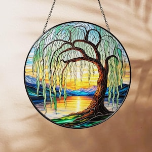 Weeping Willow Stained Glass Suncatcher, Willow Window Hanging Decor Gift, Plant Lover Gift, Botanical Nature Gift for Her
