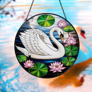 Swan with Lotus Flower Stained Glass Pattern, Modern Swan and Lotus Suncatcher Design, DIY Stained Glass