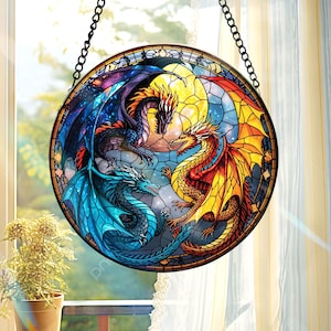 Fourth Wing Dragon Suncatcher – Tairn & Andarna Faux Stained Glass Ornament, Book Lover Gift, Onyx Storm Decor, Fantasy Holiday Gift