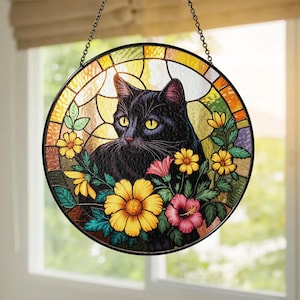Cat Flower Acrylic Suncatcher, Black and Tabby Cat Window Hanging, Handmade Cat Art Ornament, Memorial Gift for Mom, Gift for Cat Lovers
