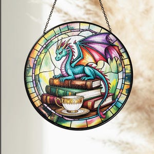 Dragon Stained Glass Suncatcher, Mystical Window Hanging, Fantasy Book Lover Decor, Tea and Coffee Art, Unique Gift for Readers