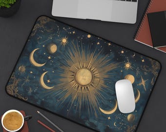 Vintage Celestial Desk Mat with Sun, Moon & Stars - Astrology Inspired Desk Mat for Gaming, Office, Home Decor - Unique Gift for Star Lovers