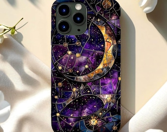 Star and Moon Phone Case | Stained Glass Celestial | Astrologer Case | Moon Phone Cover | Magsafe Compatible | iPhone 16/15/14/13/12 pro max