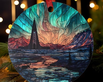 Iceland Ornament | Stained Glass Style Iceland Landscape with Northern Lights & Hallgrímskirkja | Nordic Christmas Tree Gift Idea