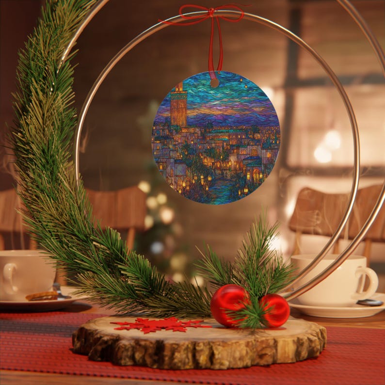 Ornament Marrakech Marokko | Gebrandschilderd glasstijl | Medina-kerstboomcadeau | Lantaarn souk reisdecor | Vakantieaandenken Noord-Afrika afbeelding 2